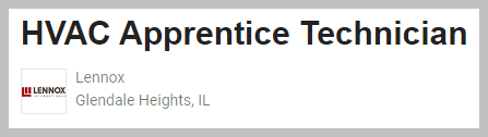 Lennox HVAC Apprentice Technician Glendale Heights Illinois